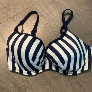 Padded blue and white striped bikini top